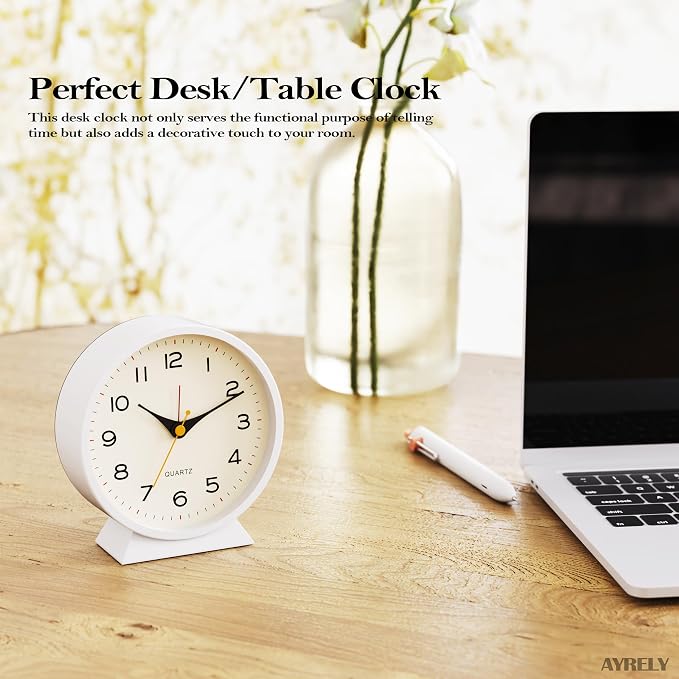 AYRELY® 4.5" Analog Alarm Clock, Small Retro Desk Clock and Table Clock | Battery Operated, Silent Metal Table Clock with Light for Living Room Decor, Bedroom, Bedside and Shelf