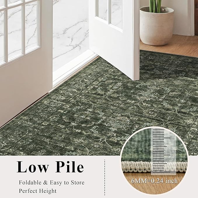3x7 Green Runner Rug Hallway Washable Area Rugs Kitchen Vintage Boho Non Slip Long Rug Floral Carpet Indoor Retro Soft Low Pile Throw Rug for Bedroom Bathroom Laundry Dining Living Room Office
