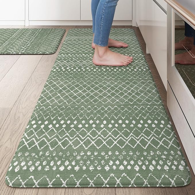 KIMODE Kitchen Anti Fatigue Mats, Green Farmhouse Kitchen Rugs Sets of 2, Memory Foam Kitchen Mats for Floor, Waterproof Standing Mat for Sink Laundry Office Desk 20"x47"+20"x32"