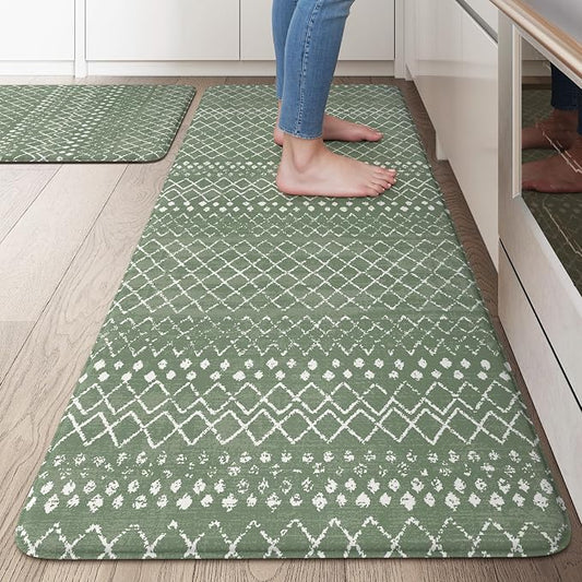 KIMODE Kitchen Anti Fatigue Mats, Green Farmhouse Kitchen Rugs Sets of 2, Memory Foam Kitchen Mats for Floor, Waterproof Standing Mat for Sink Laundry Office Desk 20"x47"+20"x32"