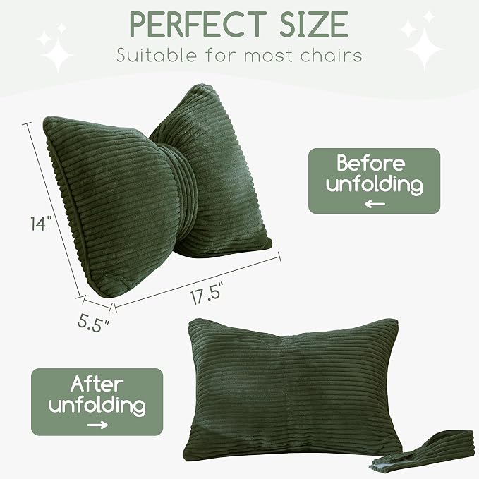 HIGOGOGO Lumbar Support Pillow for Recliner Chair, Bow Knot Shaped Back Support Cushion, Striped Corduroy Soft Decorative Lumbar Pillow for Office Chair, Sofa, Car, Bed, Living Room - Dark Green