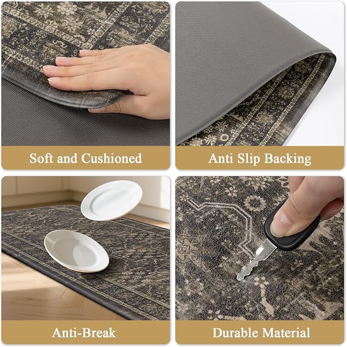 Pauwer Anti Fatigue Kitchen Floor Mats Set of 3, Cushioned Rugs, Taupe | Non Slip Comfort Standing Mat, PVC Foam Padded Kitchen Rugs, Waterproof Sink Rug for Small Kitchen Area, Laundry Room