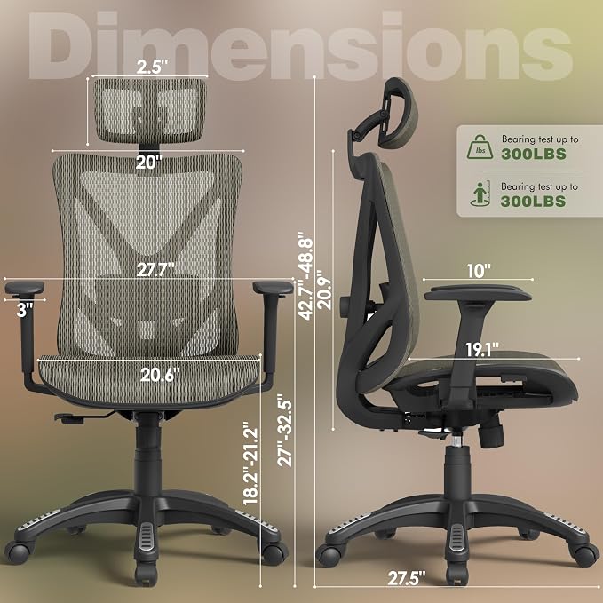 ELABEST T23 Ergonomic Mesh Office Chair, High Back Computer Desk Chair, Breathable AirMesh with Dual-Move Lumbar Support, 3D Armrests & Headrest, Tilt Lock, Big and Tall for Home Office (Mocha)