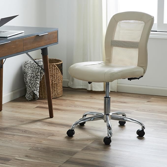 Serta Armless Small Home Desk Chair with Wheel, Ergonomic Mesh Office Chair | Leather and Foam Cusioned Seat, Adjustable Height, Small Vanity Chair for Bedroom and Small Spaces, 360° Swivels, Cream White