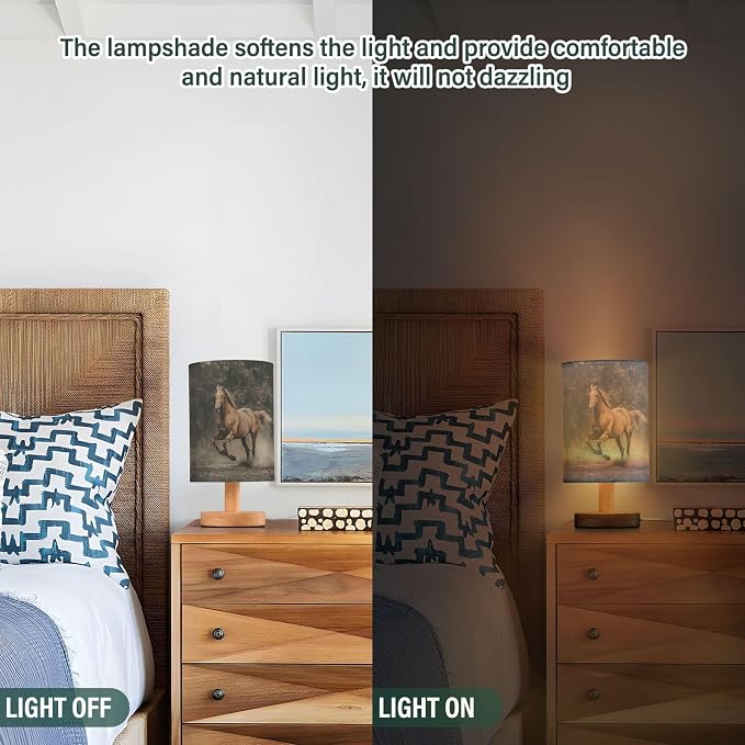 Table Lamp Horse Running in Woodland Nightstand Lamp with Wood Base Fabric Lamp Shade Bedside Desk Lamp for Living Room Bedroom Kids Room Office