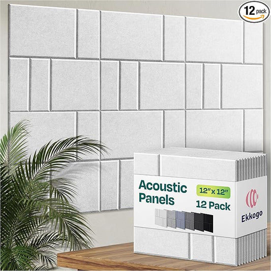 Acoustic Panels 12-Pack Soundproof Wall Panels 12"x12"x0.4" Decorative Sound Dampening for Your Home, Office, Studio, Bedroom & More with Unique GridFrame Carving [White]