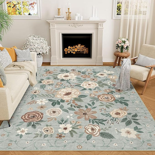 DUKINO 8x10 Area Rug, Floral Rugs for Living Room, Lightweight Non Slip Washable Rug, Indoor Low Pile & Non-Shedding Boho Design Rugs for Bedroom, Living Room, Dining Room, Sage Green