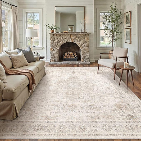 HUGEAR Area Rug 9x12 Vintage Beige Machine Washable Living Room Rugs Thin Neutral Floral Vacuumable Low Pile Carpet Bedroom Office Dining Room Laundry Room Non Slip Soft Lightweight