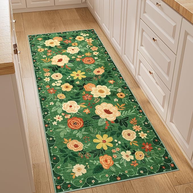DUKINO 2x5 Runner Rug for Hallway, Washable Kitchen Floral Runner Rug with Non Slip Backing, Low Pile Soft Boho Carpet for Kitchen, Hallway, Entryway, Laundry, Bedroom, Dark Green