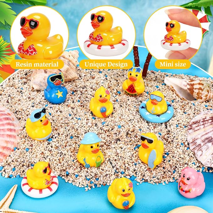120 Pcs Summer Mini Resin Ducks 10 Styles Hawaii Beach Tiny Cruise Ducks to Hide Miniature Duck Figurines for Summer Swimming Pool Party Cruise Ship Game DIY Craft Cake Aquarium Desktop Decor