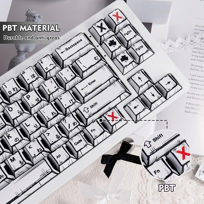 PBT Keycap Set Cherry Profile, Manga Themed Japanese Keycaps, Reto White Keyboard Key Caps Dye Sublimation KeyCap, 130 Keys Custom Cherry MX Key Cap for ANSI Layout Mechanical Keyboard