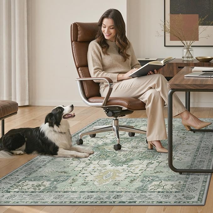 36"x60" Office Chair Mat for Hardwood Tile Floor, Under Desk Carpet Protector for Rolling Computer Chair Mat, Machine Washable Area Rug, Anti-Slip 1/5" Thick Low Pile Thin Vinyl Floor Mat, Green