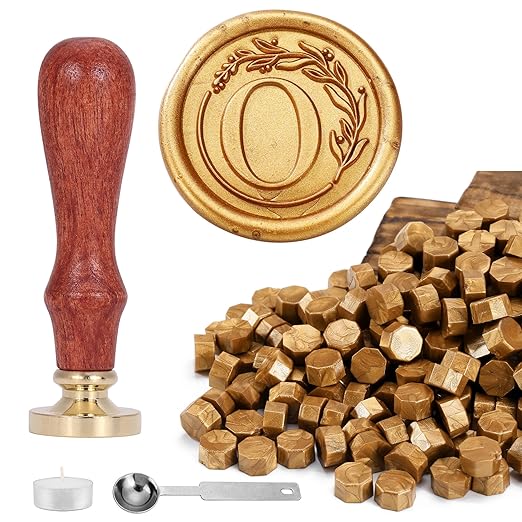 Yoption Letter Wax Seal Kit, Vintage Initial Alphabet O with Wreath Sealing Stamp and 120 Antique Gold Wax Seal Beads