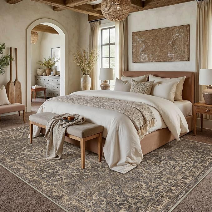HUGEAR Area Rug 5x7 Retro Brown Machine Washable Living Room Rugs Distressed Vintage Floral Vacuumable Low Pile Carpet Bedroom Office Dining Room Laundry Room Non Slip Soft Lightweight