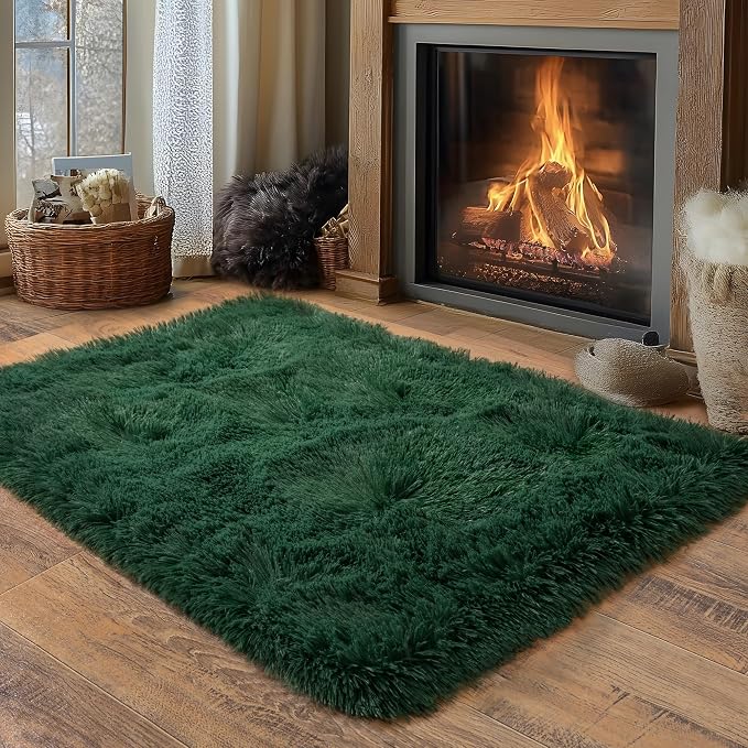 Small Area Rug, 2x3 Rug for Bedroom Shaggy Throw Rugs for Dorm Rug, Soft Shag Carpet for Kids Room, Plush Comfy Fluffy Bedside Rug for Home Decor Aesthetic, Blackish Green