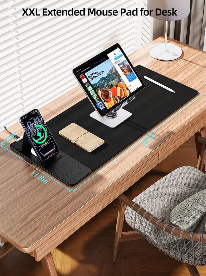 Mouse Pad with Magnetic Wireless Charging & Adjustable Phone Stand | 27.5"x11.8" Computer Mouse Mat with Anti-Slip Base & Stitched Edge, Easy Gliding, Spill-Resistant Surface, Black