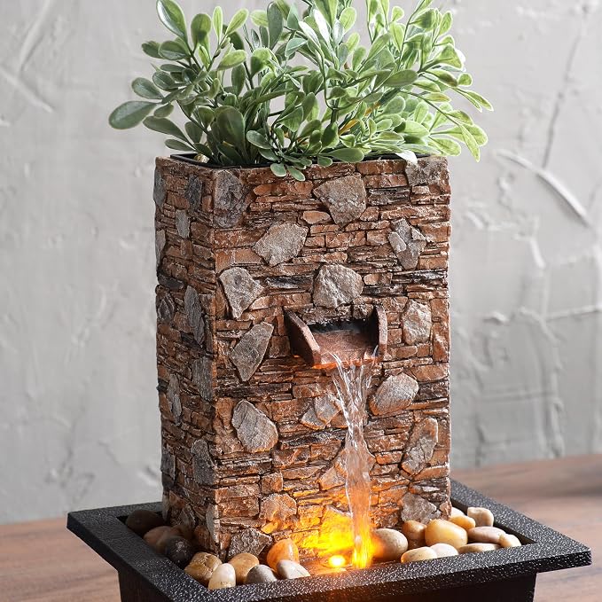 Kalona Tabletop Waterfall Fountain, Zen Fountain for Home Office Decor with LED Lights, Relaxing Indoor Water Feature with Realistic Stone Look for Meditation(23111)