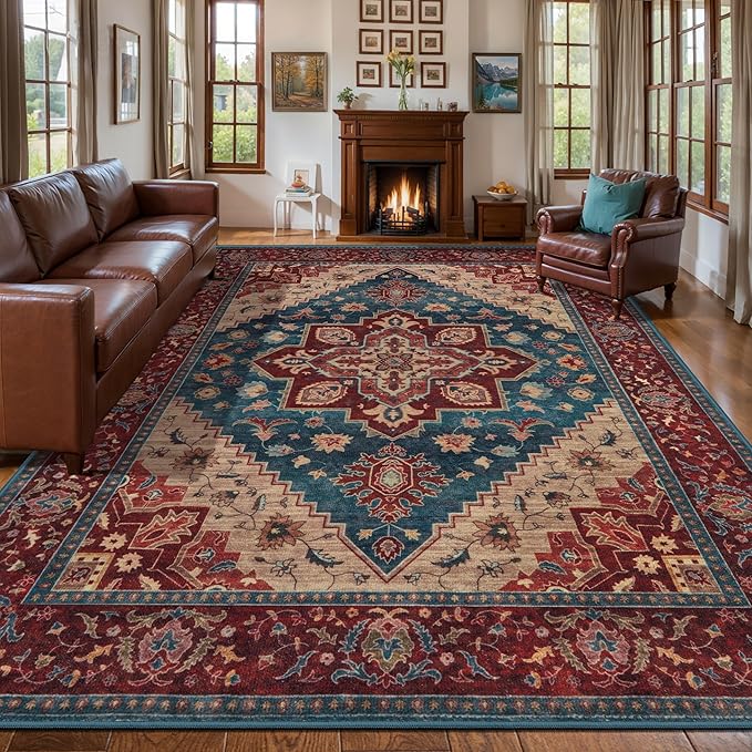 Tangsoo Oriental 6x9 Washable Area Rugs for Living Room, Vintage Indoor Non Slip Large Area Rugs, Print Distressed Carpet, Soft Boho Low Pile Rug Foldable Floor Red Rug for Bedroom Dining Room