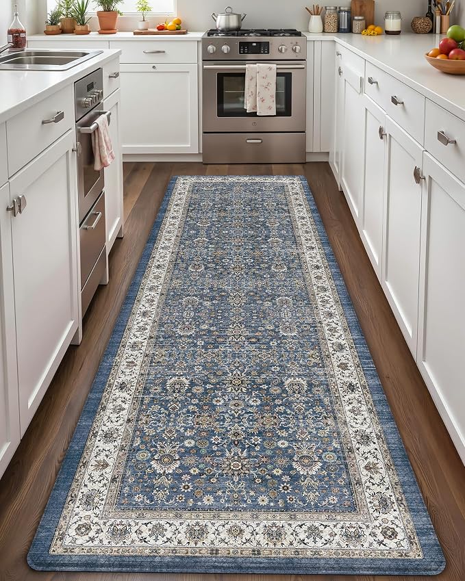 Color&Geometry Kitchen Floor Mat 24x87 Faded Vintage Anti Fatigue, Blue | 0.4in Cushion Standing Mat For Cooking/Working/Laundry, Boho Decor, Non Slip PVC Kitchen Rug, Oil/Water Proof, Anti Slip