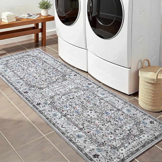 Vasofe Area Rugs for Bedroom Machine Washable Rugs for Living Room, Vintage Rug with Non-Slip Backing, Water Repellent Rug for Office, Kids Playroom (Grey, 2' x 6')