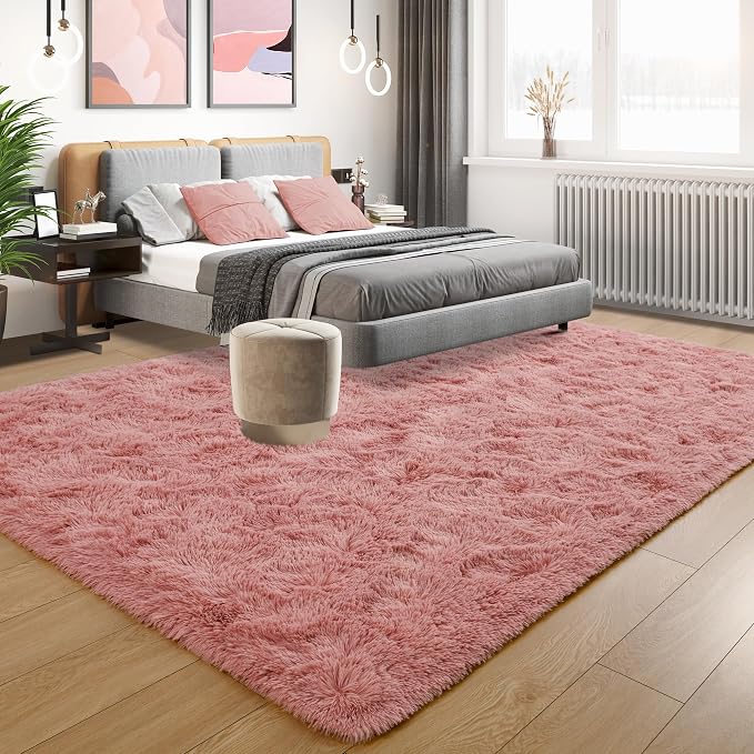 Tepook Blush Pink Area Rugs for Living Room Girls Bedroom, 6x9 Fluffy Shaggy Dusty Pink Rug for Kids Room Playroom, Plush Shag Non-Slip Carpet for Nursery Dorm Classroom, Cute Rose Beige Rug