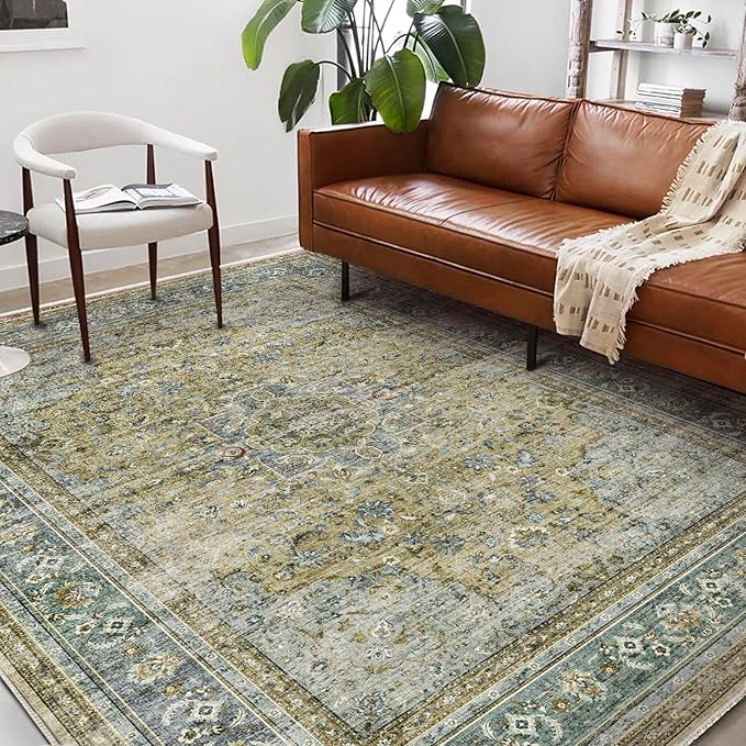 Area Rug 6'x9' Washable Vintage Traditional Floor Cover Thin Retro Kitchen Indoor Distressed Non Slip Carpet for Living Room Bedroom Dining Room