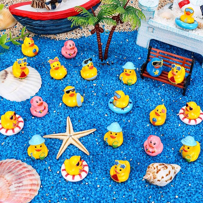 200 Pcs Summer Mini Resin Ducks 10 Styles Hawaii Beach Tiny Cruise Ducks to Hide Miniature Duck Figurines for Summer Swimming Pool Party Cruise Ship Game DIY Craft Cake Aquarium Desktop Decor