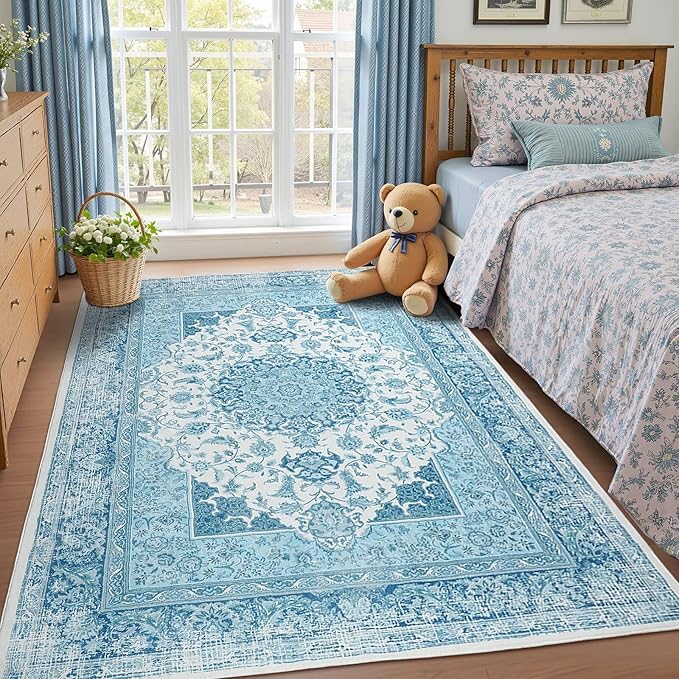 Macgace 5x7 Area Rug for Bedroom, Machine Washable Rugs with Non-Slip Backing for Living Room, Soft Vintage Carpet Kitchen Laundry Kids Room Decor, Celestial Blue