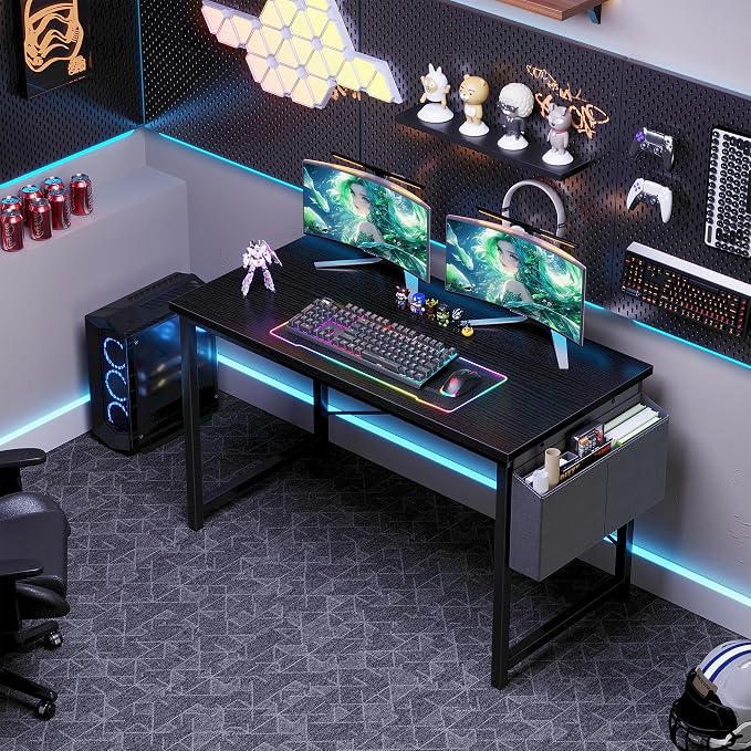OLIXIS Computer Desk, 47 Inch Home Office Desks for Small Spaces, Writing Craft Study Gaming Table for Bedroom, Modern Computer Workstation with Storage Bag, Black