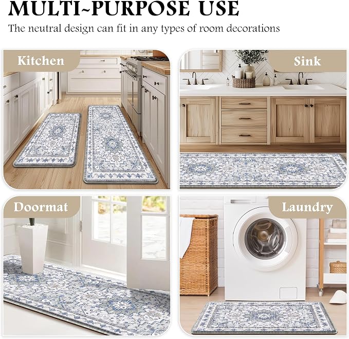 Boho Kitchen Mats for Floor 2 Piece Set Anti Fatigue Cushioned PVC Kitchen Rugs Non Slip Waterproof Farmhouse Mats 2/5 Inch Comfort Standing Mat for Sink, Laundry, 23.6"x39"+23.6"x59",C2
