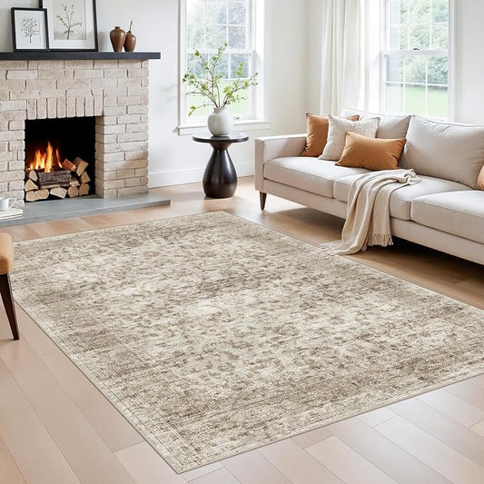5X7 Area Rugs for Living Room, Washable Non Slip Vintage Rugs, Low Pile Soft rug for Dorm/Classroom/College Room Easy Clean & Stain Resistant Home Daily Use for College Students 5x7 Beige Brown