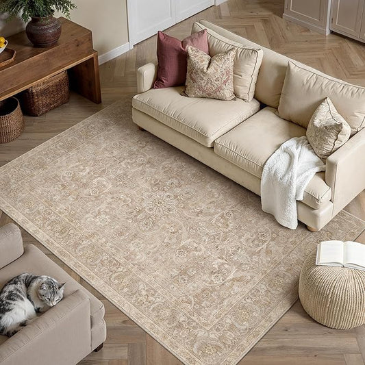 Brown 3x5 Area Rug Entryway Washable Vintage Carpet Office Small Indoor Non Slip Soft Low Pile Thin Stain Resistant Distressed Accent Throw Rug for Entrance Bedroom Dining Living Room