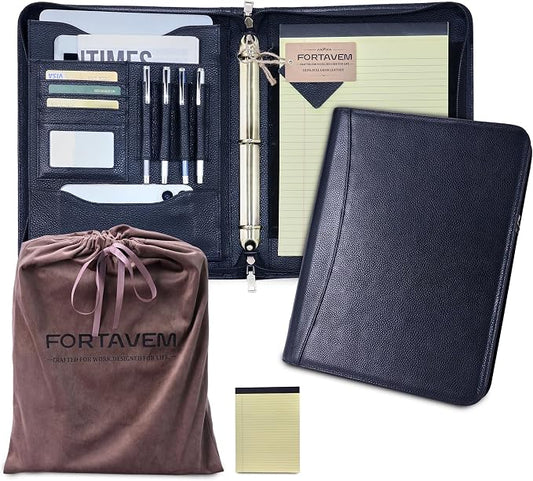 Genuine Leather Zippered Padfolio with 3 Ring Binder, A4/Letter Portfolio Organizer for Work, Fits 13.9" Laptop, Business Folder with Notepad Holder, Meetings & Interviews (Black)