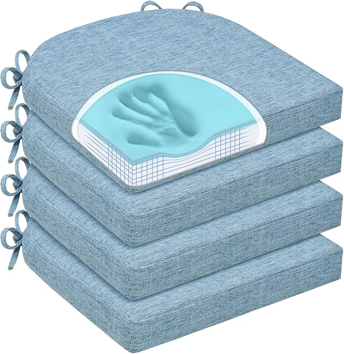 Chair Cushions for Dining Chairs, Non Slip Chair Pads with Ties and Washable Covers, Memory Foam Kitchen Chair Cushions Set of 4, 16"X16"X2.5", Light Blue