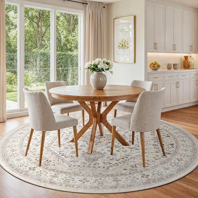 Puino 6FT Round Area Rugs for Living Room: Circle Rugs Machine Washable Oriental Low Pile Soft Non Slip Backing Vintage Indoor Rug for Bedroom Nursery Dining Room Home Office Beige/Gray