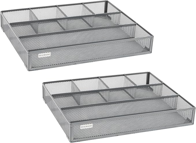 Mind Reader 6-Compartment Drawer Organizer, Metal Mesh Desk Organizer for Office, Kitchen, Utensils, Supplies, Set of 2, Silver
