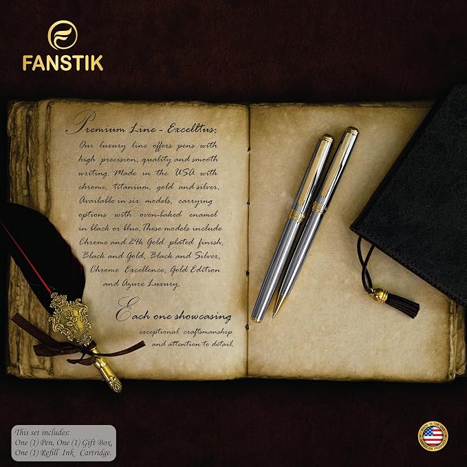 FANSTIK Customized Silver&Gold Luxury ballpoint pen, fancy gift set for women, Real 24K Gold Plating, Professional executive pen gift set for men (Lux Custom-BallPoint Silver-Gold)