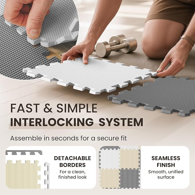 bemaxx Gym Mats Set - 18 pcs EVA Interlocking Foam Floor Tiles (12.6"x12.6"x0.4") 18sqft Protective Gym Flooring Sports Home Workout Exercise Mats Puzzle Garage Fitness Play-Room Pool Treadmill Bike