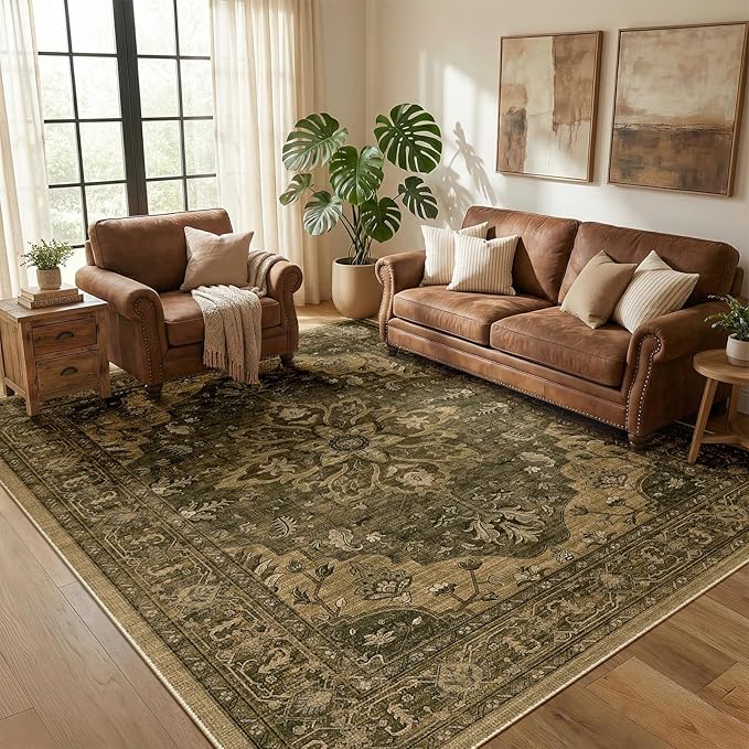 RELEANY Area Rugs 5'x8' Washable Non-Slip, Floral Vintage Distress Medallion Carpet for Living Room Bedroom Dining Room, Brown Dark Brown