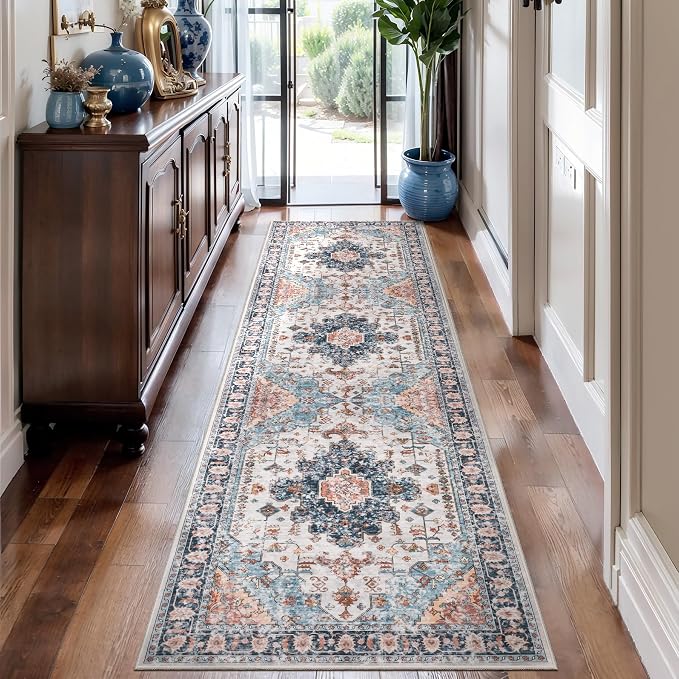 Tangsoo 2.6x8 Washable Runner Rug for Hallways, Non Slip Vintage Rug, Soft Low Pile Long Runner, Blue Carpet Runners for Kitchen Bedroom Entryway Bathroom Living Room
