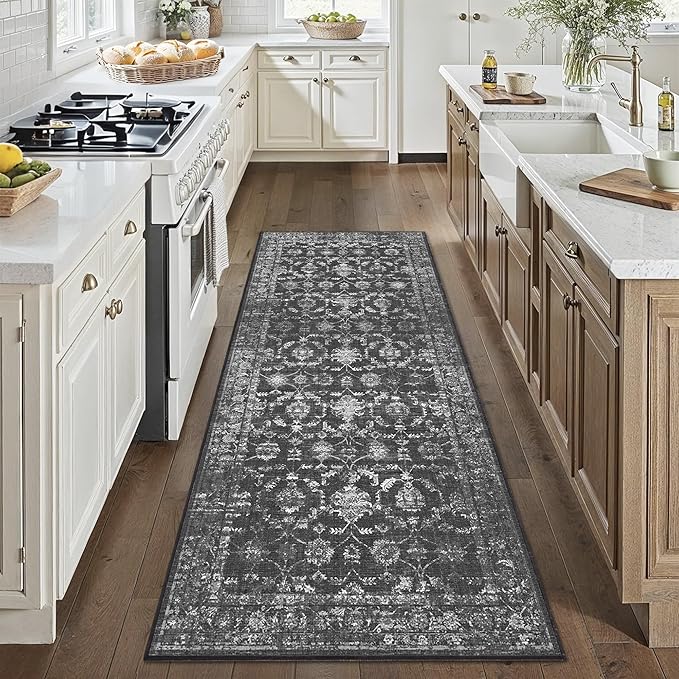 3x7 Black Runner Rug Hallway Washable Area Rugs Kitchen Vintage Boho Non Slip Long Rug Floral Carpet Indoor Retro Soft Low Pile Throw Rug for Bedroom Bathroom Laundry Dining Living Room Office