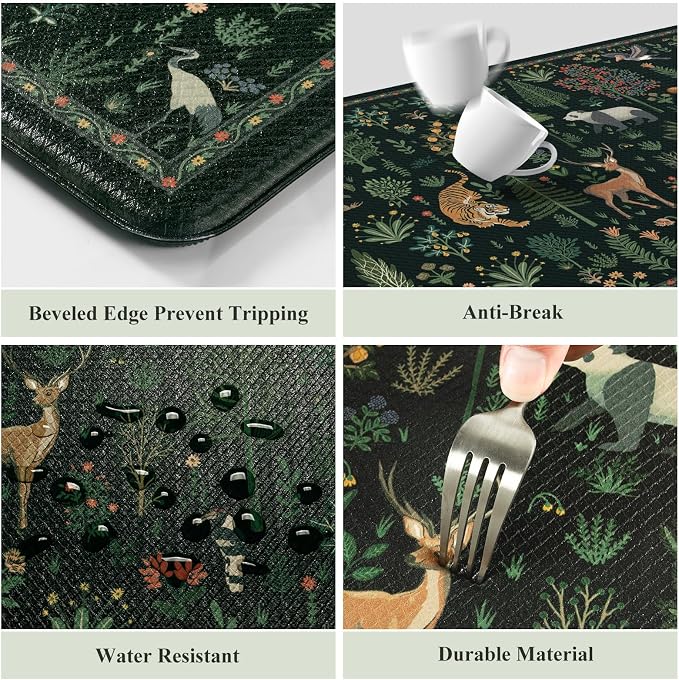 KIMODE Kitchen Mats for Floor Cushioned Anti Fatigue, Kitchen Rug Sets of 2 | 17.3"x47"+ 17.3"x29",Black,Farmhouse Animal Forest Kitchen Rugs Non Slip,Memory Foam Kitchen Standing Mat Laundry Sink Office