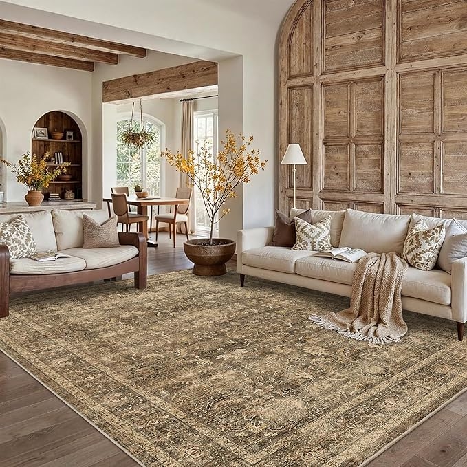 8x10 Brown Washable Area Rugs for Living Room Non Slip Low Pile Vintage Boho Throw Rug Soft Retro Distressed Floral Large Carpet Indoor Farmhouse Decor for Bedroom Dining Room Office Kitchen Playroom