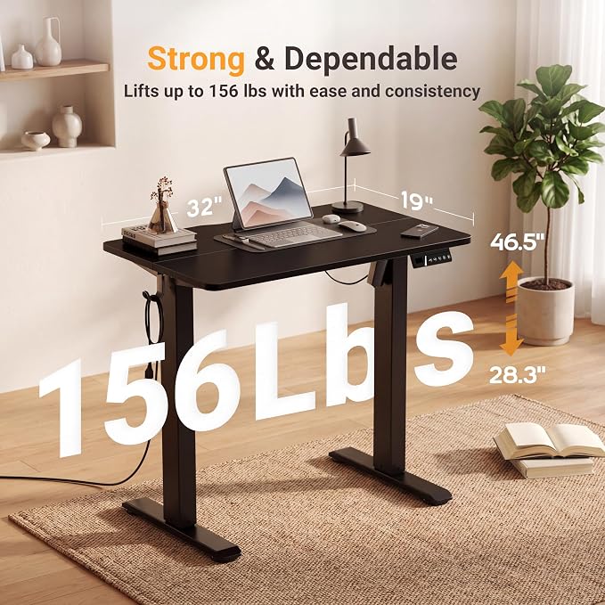 Claiks Electric Standing Desk 32x19 Inch Adjustable Desk, Black | 156lbs weight capacity, 3 memory presets, industrial steel frame, cable management hub, adjustable height , easy assembly