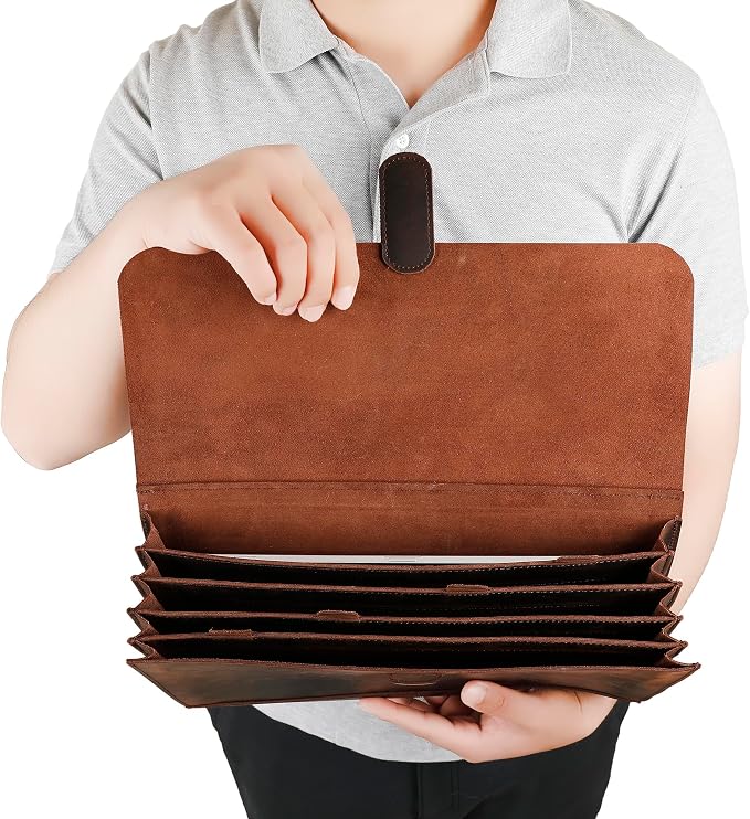 Genuine Leather File Folder, Accordian File Organizer, Leather Document Holder Resume Folio for Men & Women - Dark Brown