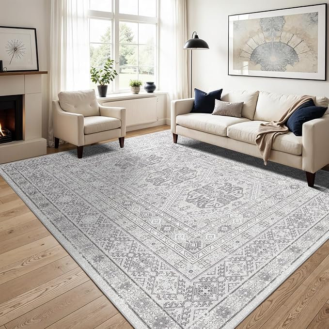 12x15 Area Rug for Living Room: Vintage Oriental Washable Rug for Bedroom Dining Room with Non Slip Rubber Backing Stain Resistant Low Pile Large Carpet Home Office (Grey, 12x15)