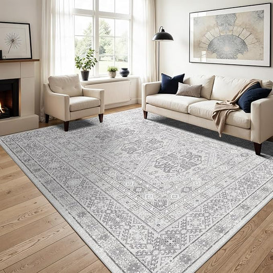 12x15 Area Rug for Living Room: Vintage Oriental Washable Rug for Bedroom Dining Room with Non Slip Rubber Backing Stain Resistant Low Pile Large Carpet Home Office (Grey, 12x15)