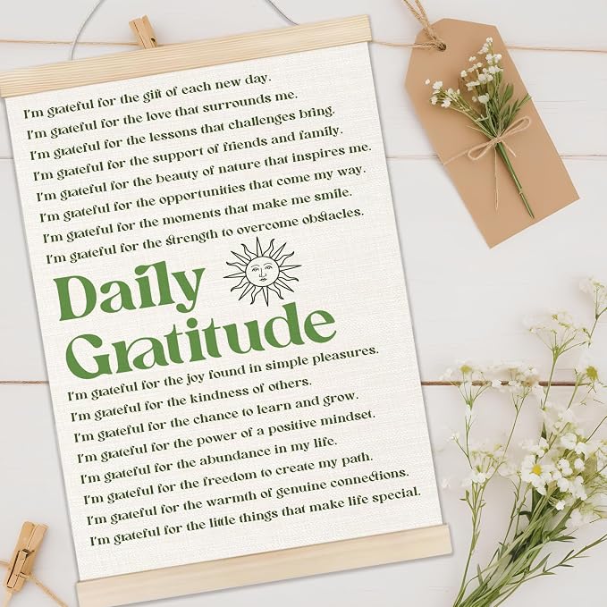 Welshower Vintage Daily Gratitude Positive Affirmations Poster Hanger Frame, Retro Motivational Wall Art Prints Decor for Home Bedroom Dorm Office Yoga Studio Framed, 12x16 Inch（green）