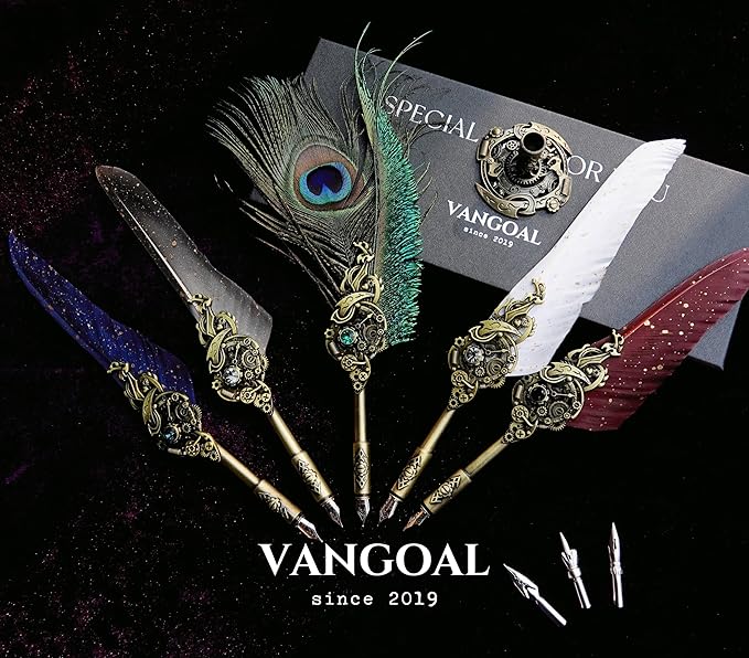 VANGOAL Peacock Feather Pen and Ink Set with Gift Box, Vintage Quill Pen for Writing, Calligraphy Pen Set for Office Supplies, Birthday, Wedding, Christmas Gift (Green - Peacock Feathers)