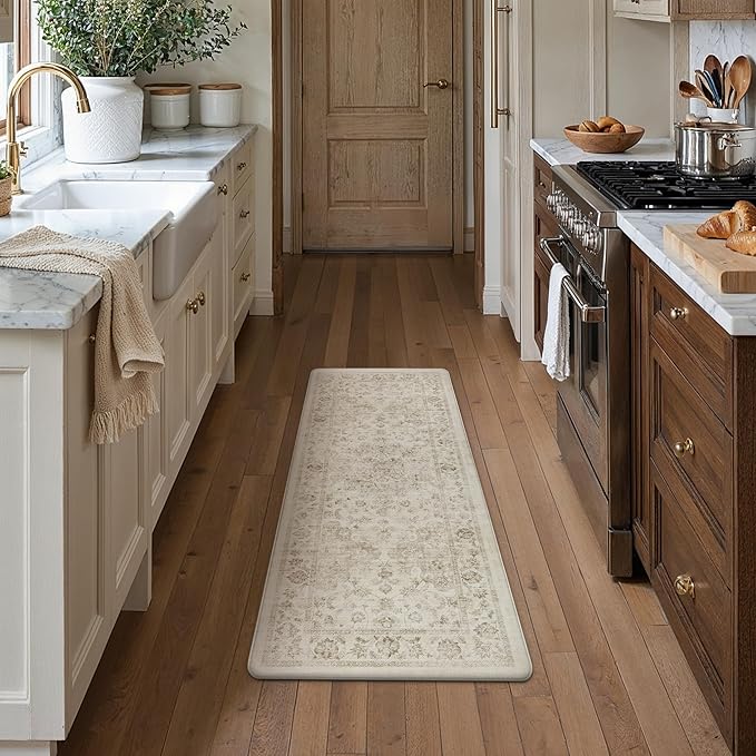 Anti Fatigue Kitchen Mat Beige Neutral Mats for Cushioned Vintage Kitchen Mats for Floor Non-Slip Waterproof Comfort Standing Rug for Sink Laundry Office 17.3"×30"
